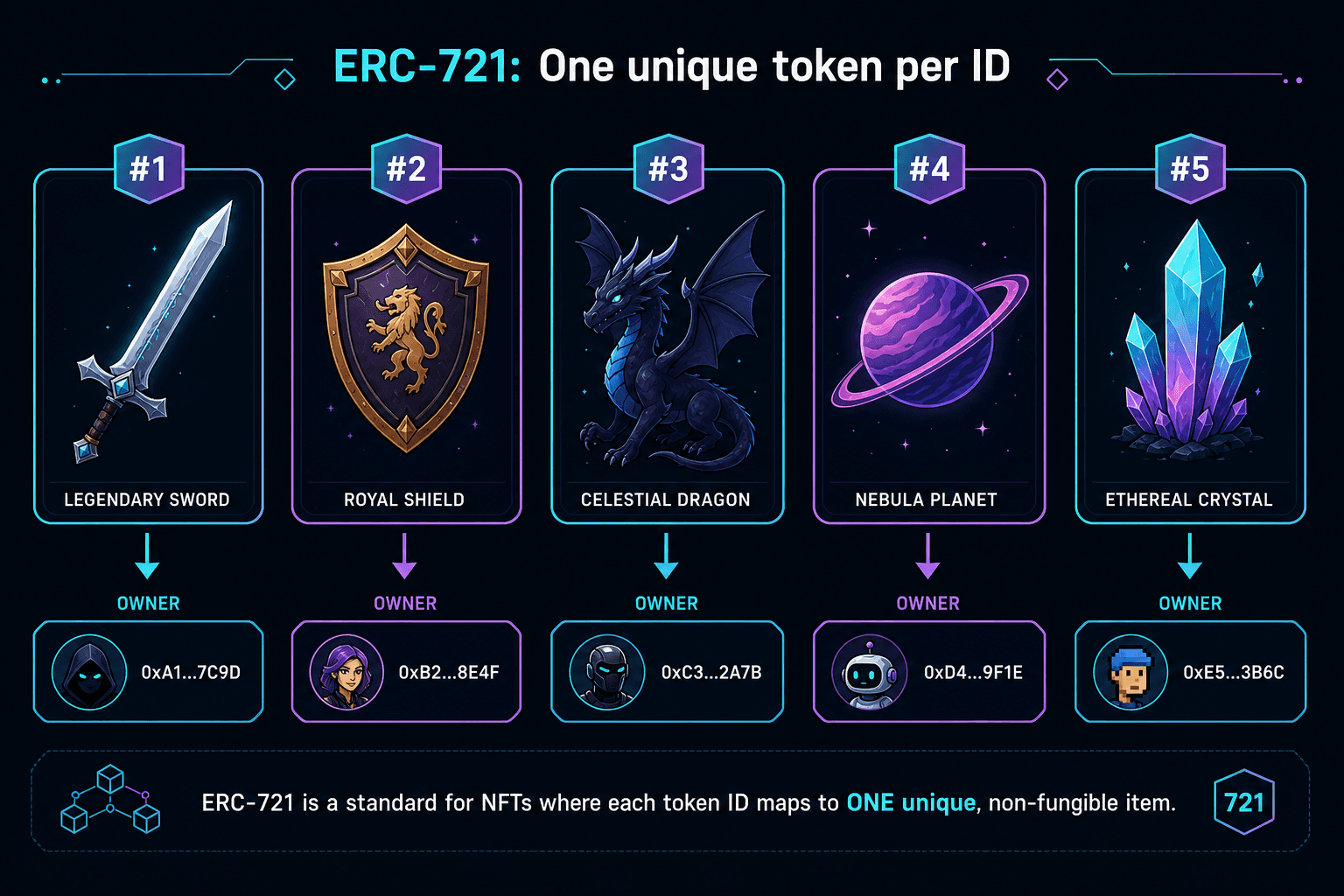 ERC-721 example: unique token IDs as separate digital collectibles