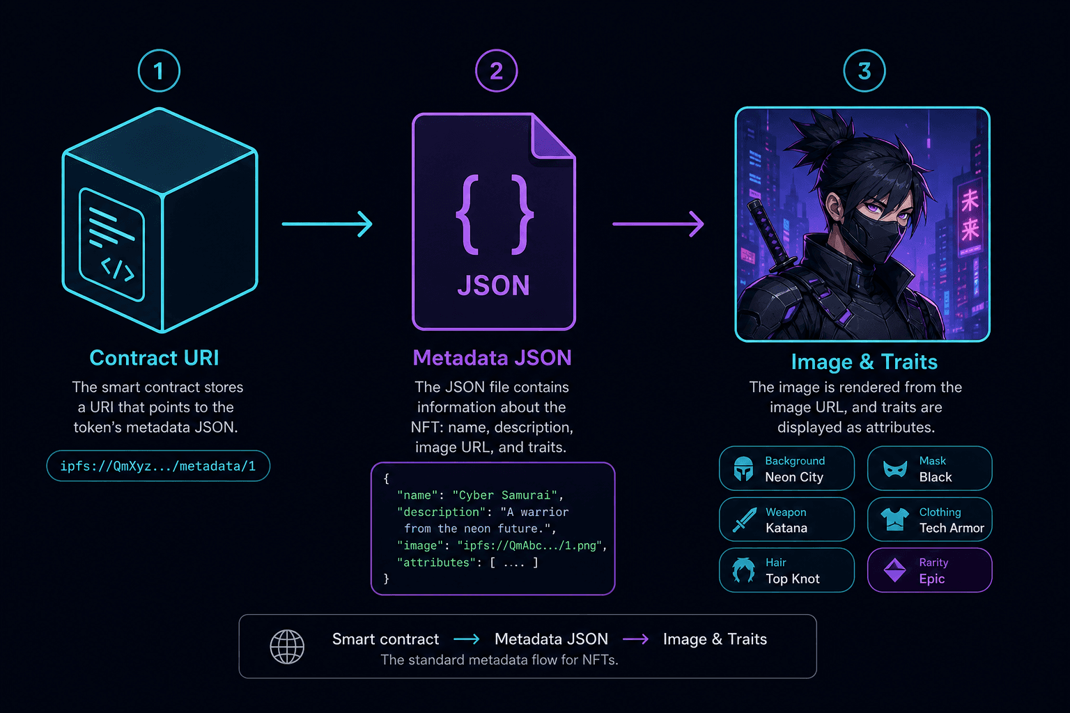Flow from smart contract token URI to metadata JSON to image and traits