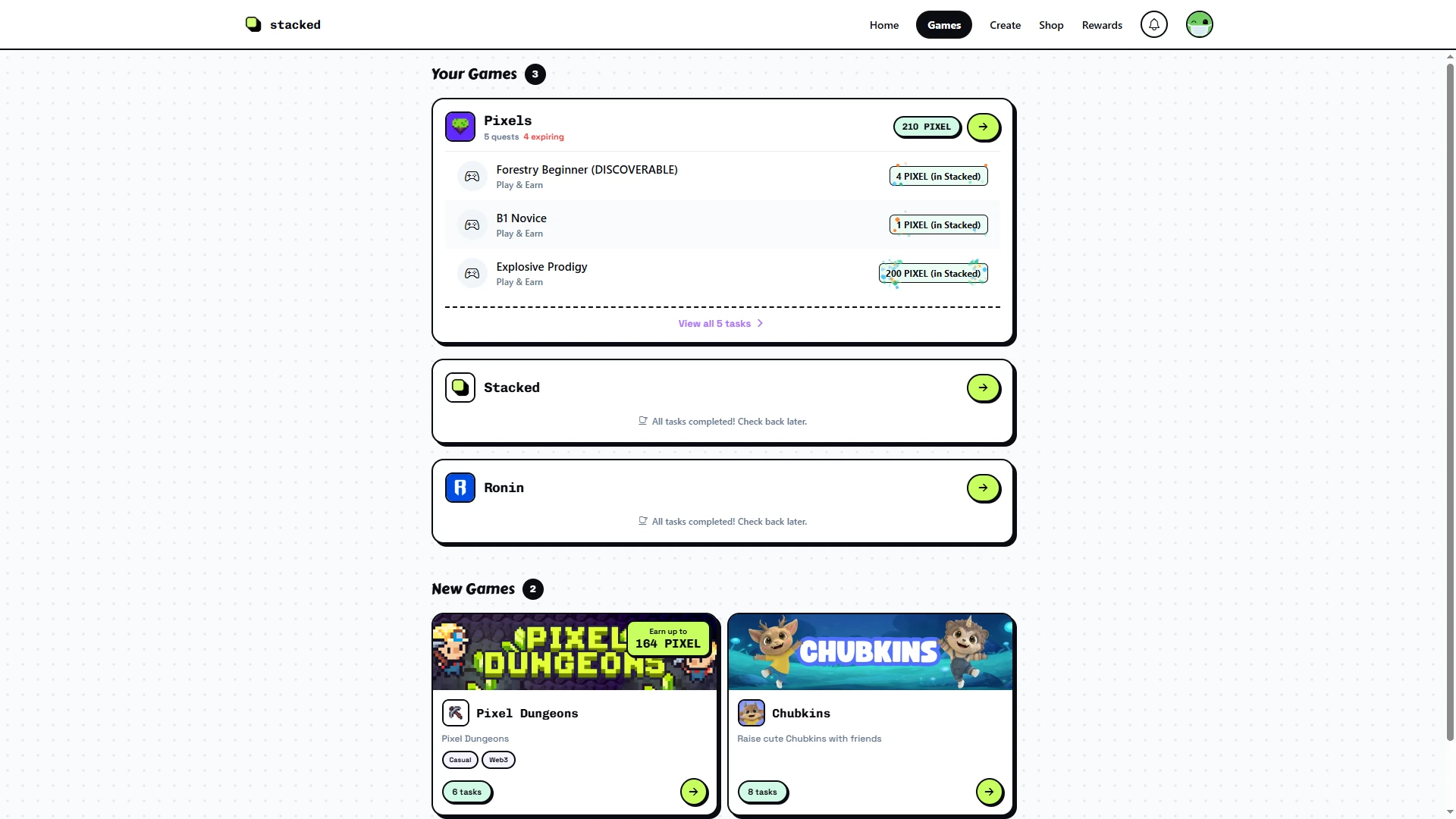 Stacked rewards hub — missions, streaks, and cash-out for Pixels on Ronin