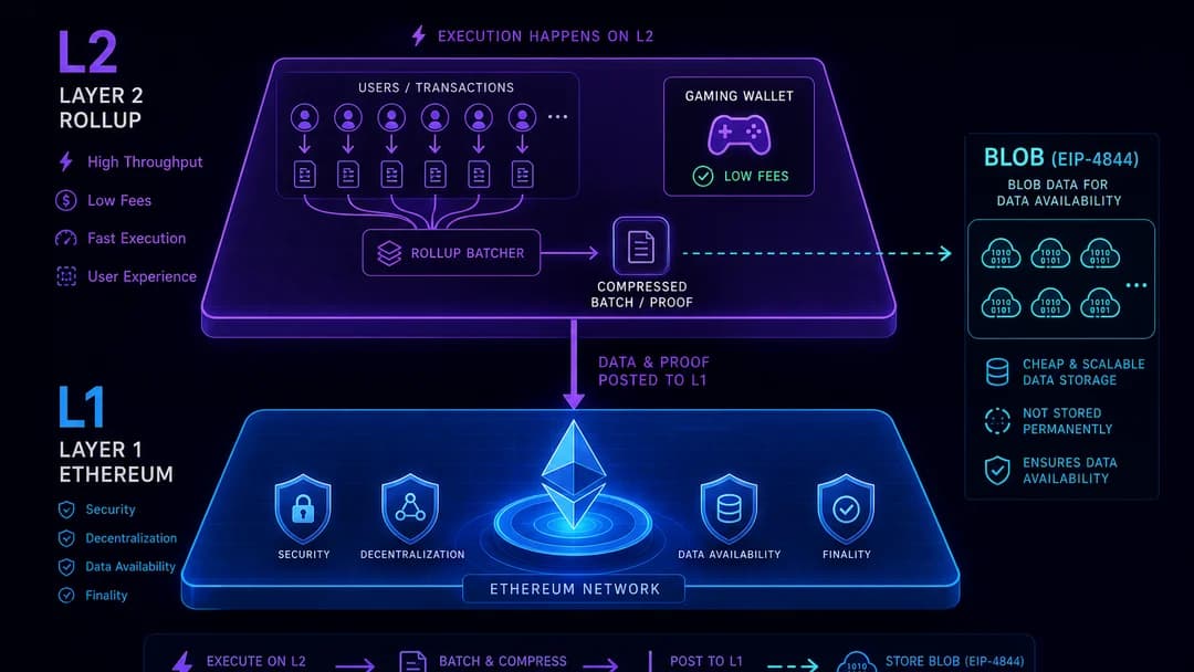 Diagram: transactions execute on Layer 2 rollups and post data to Ethereum Layer 1 for security
