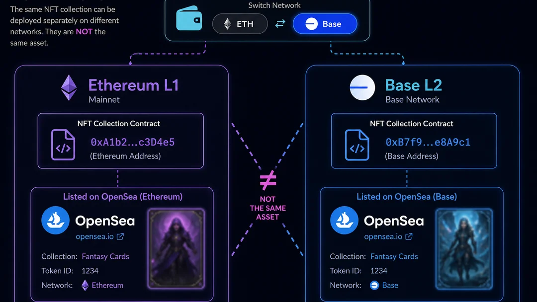 Diagram: same game brand with separate NFT contracts on Ethereum L1 and Base L2 — different addresses and marketplaces