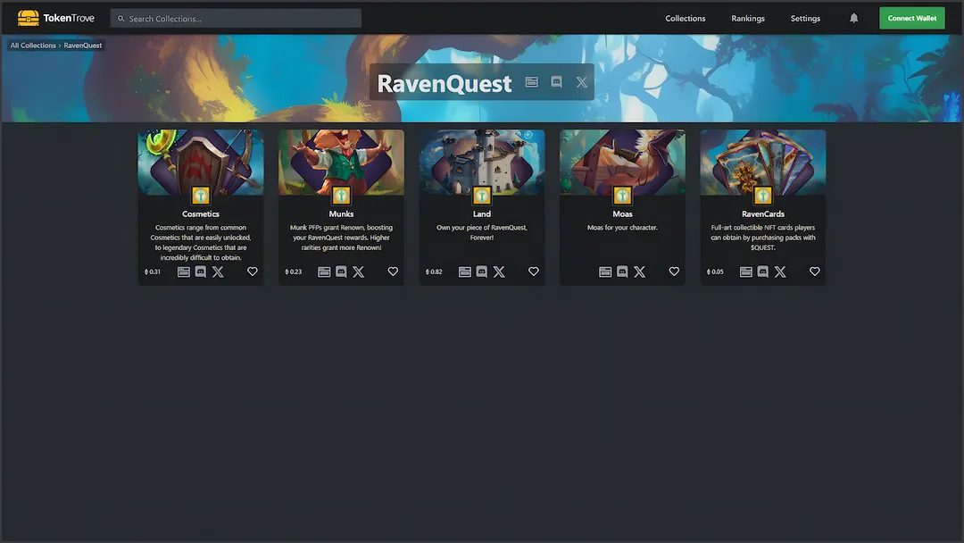 Market and NFTs section - TokenTrove RavenQuest marketplace collections overview