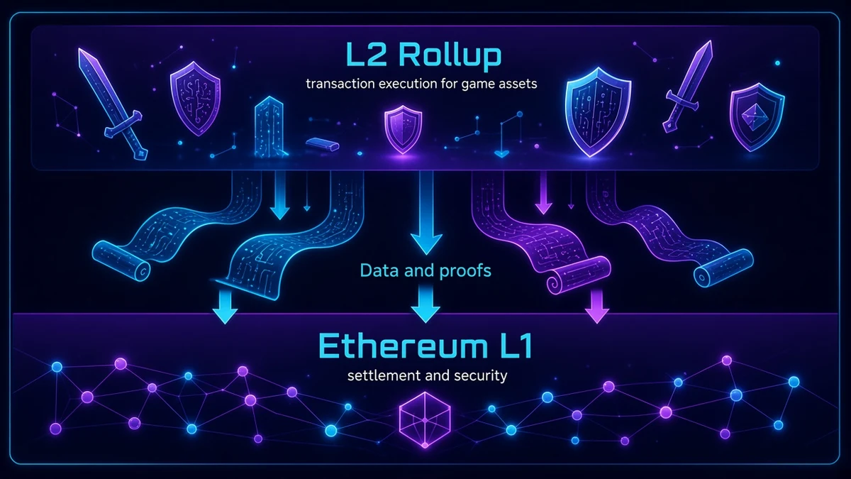 Diagram: transactions execute on Layer 2 rollups and post data to Ethereum Layer 1 for security