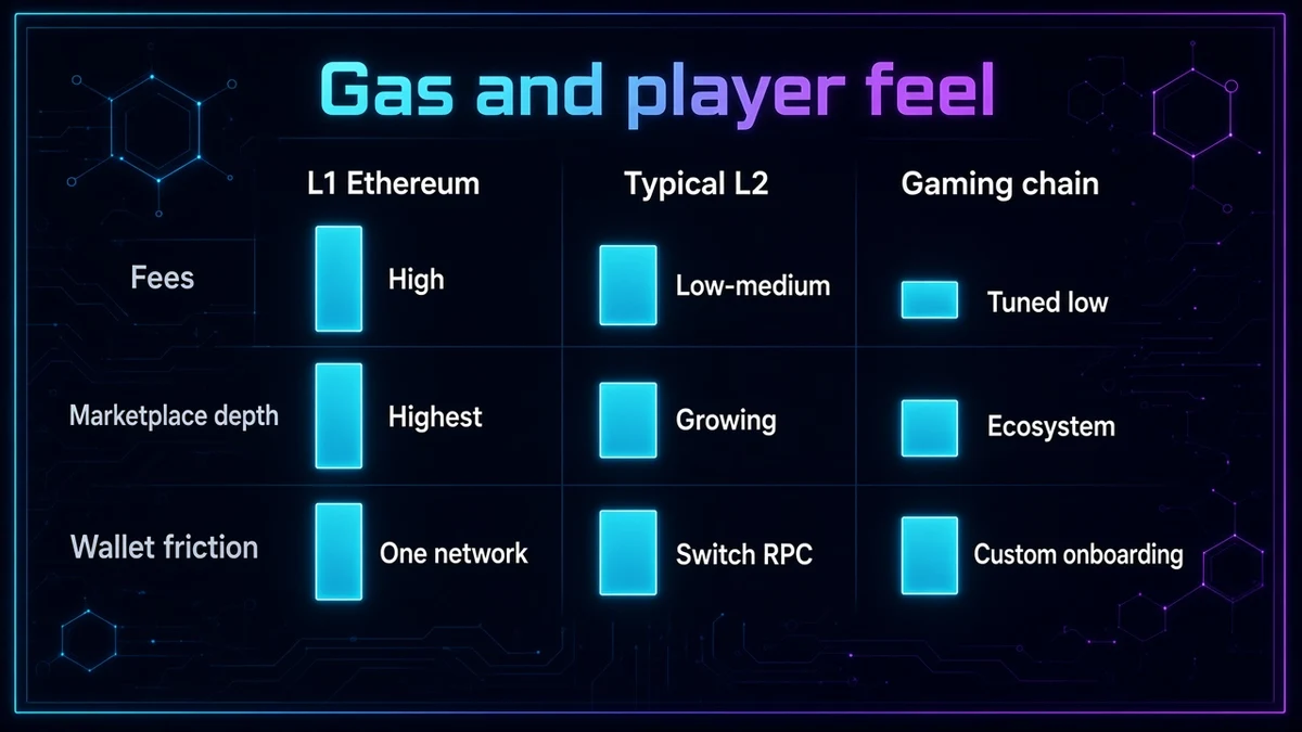 Player-feel compare: fees and wallet friction on L1 Ethereum, typical L2, and dedicated gaming chains