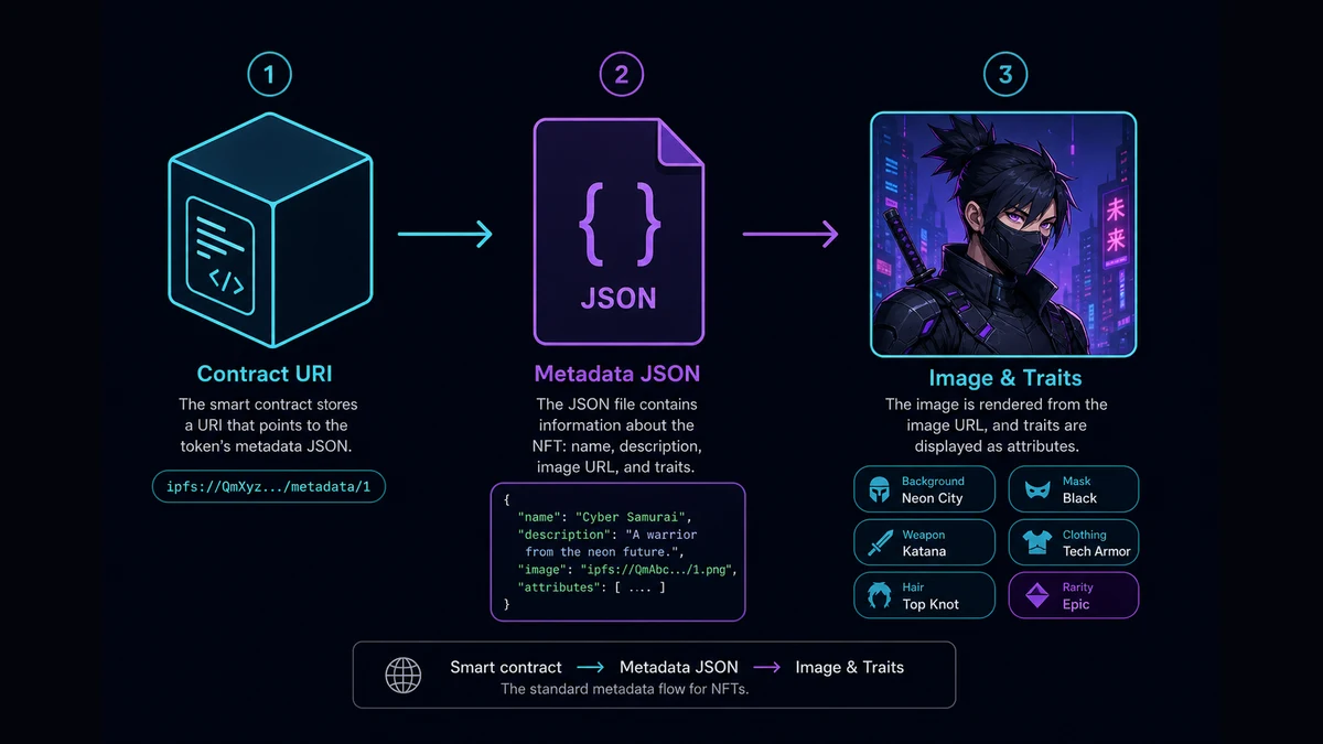 Flow from smart contract token URI to metadata JSON to image and traits