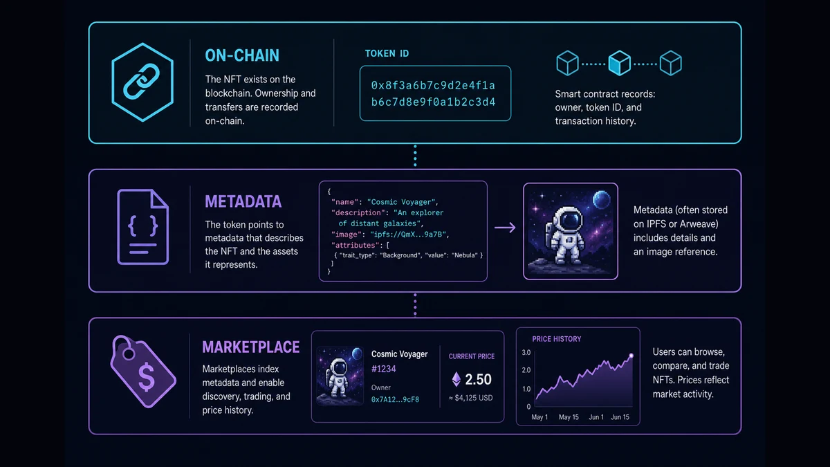 Diagram: on-chain ownership, off-chain metadata, and marketplace layers for an NFT