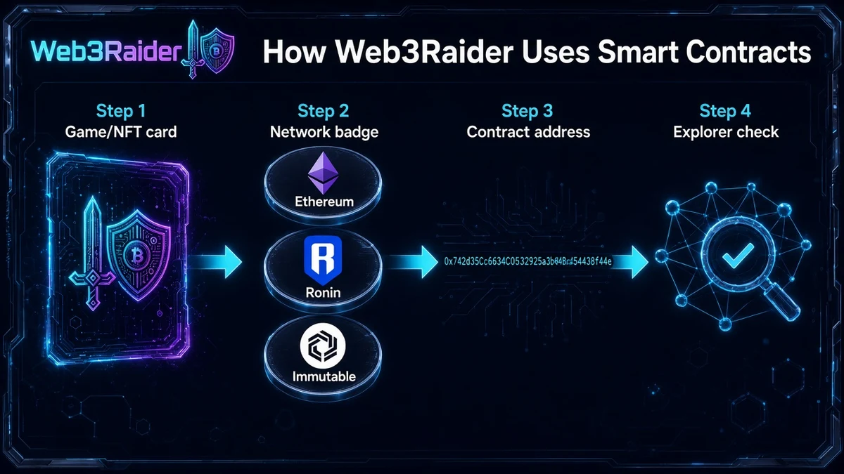 Web3Raider flow from game or NFT catalog to contract address and block explorer