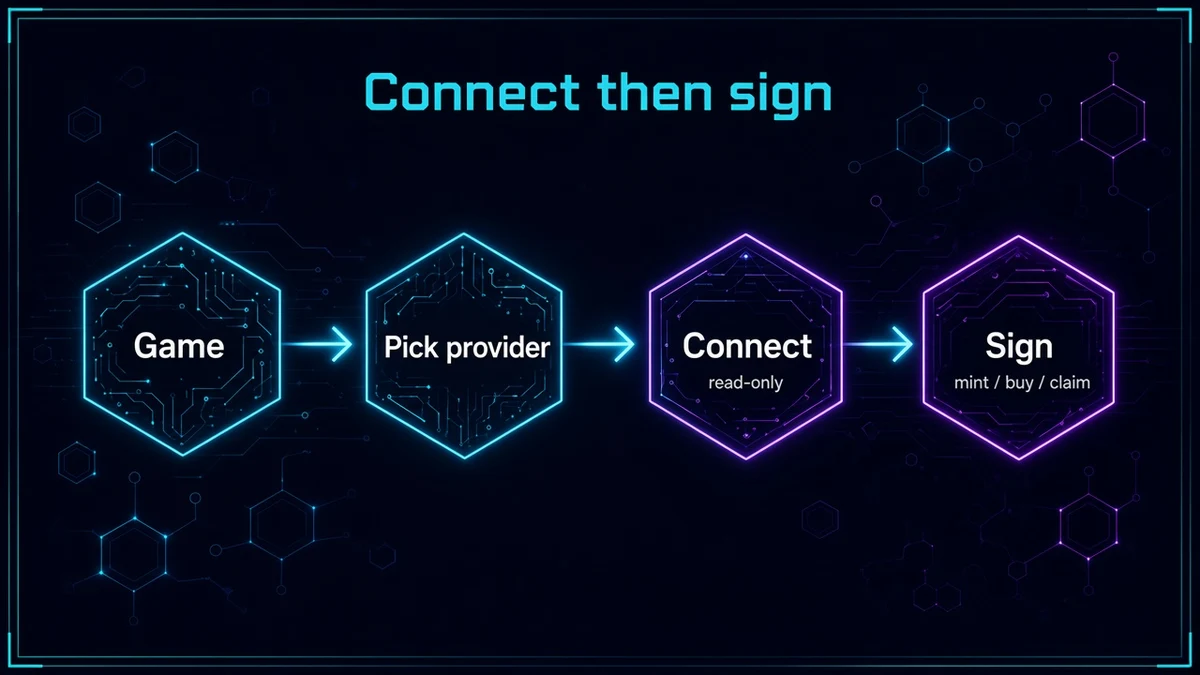 Connect then sign: game, pick provider, connect read-only, then separate sign