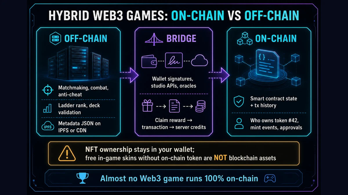 Hybrid Web3 game: off-chain gameplay servers and on-chain smart contracts for assets