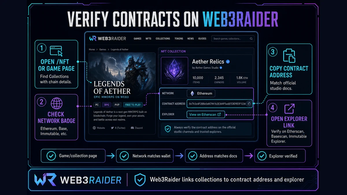 Web3Raider flow from game or NFT catalog to contract address and block explorer