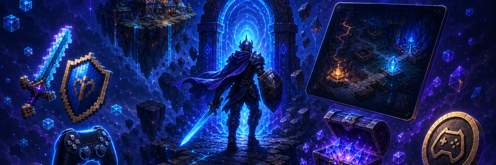 Stylized Web3 RPG atmosphere with adventurer, portal, and fantasy loot props