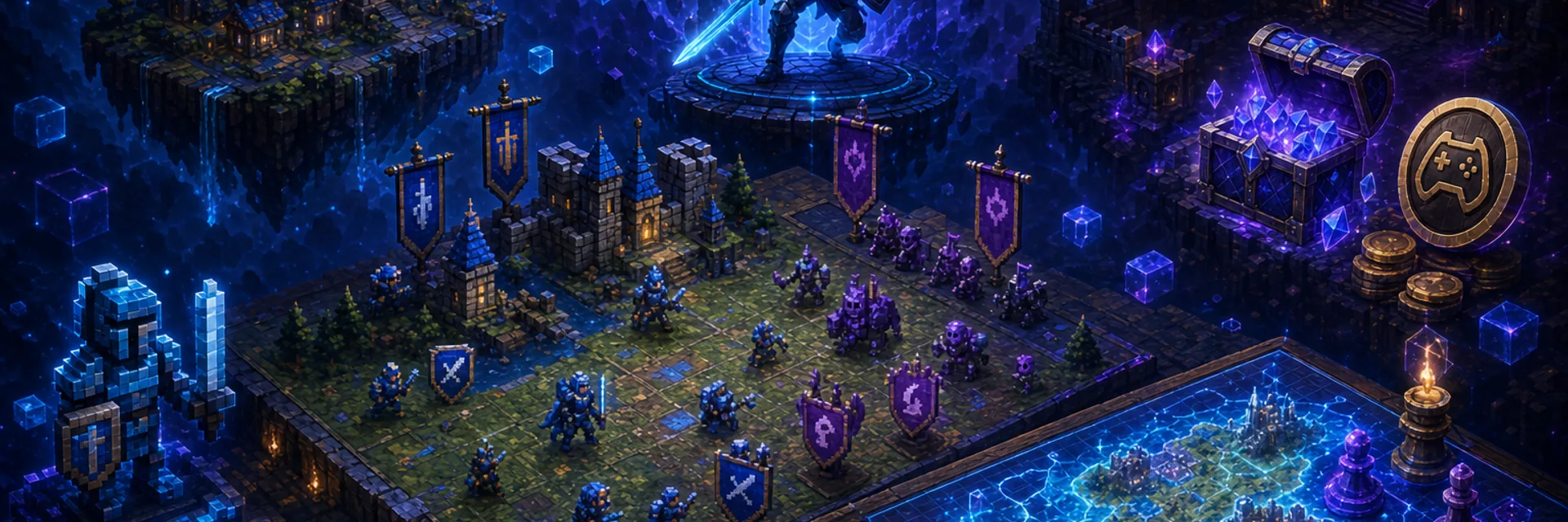 Stylized Web3 strategy games atmosphere with tactical battlefield and command map props