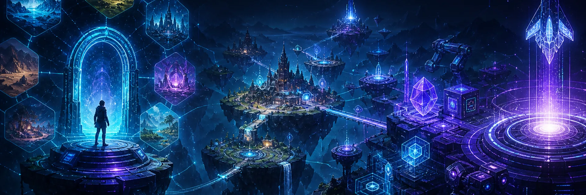Stylized Web3 gaming platforms atmosphere with player hubs, ecosystems, studio tooling, and launchpads